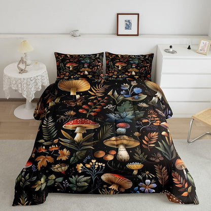 Feelyou Wild Mushroom Bed Comforters Set Twin Size,Burgundy Plant Fallen Leaves Super Soft Microfiber Bedding Set for Girls Boys,Botanical Plant Decorative Comforter Set,1 Pillowcase