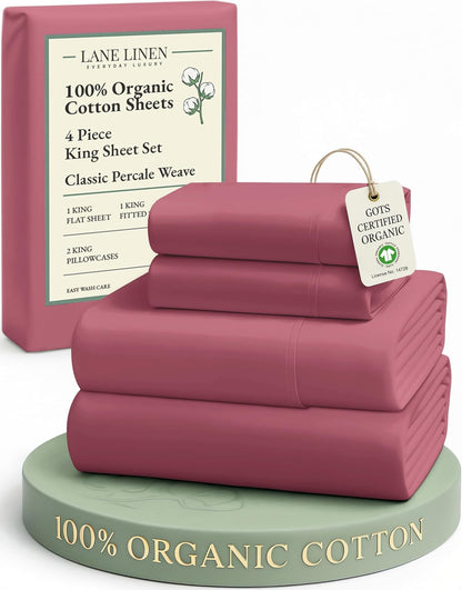 LANE LINEN 100% Organic Cotton King Size Bedsheets - Soft Luxury Hotel-Style Percale Cooling Sheets | Oeko-Tex Certified, Mineral Red