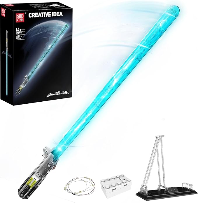 Mould King 10139 Lightsaber Building Set Light Saber with Stand Rechargeable LED Light Sword for Adult Birthday Thanksgiving Xmas Toys Gift Halloween Cosplay (1089 Pieces)