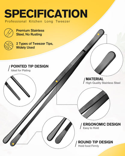 2 Pcs 10-Inch Kitchen Tweezers Fine Tweezer Tongs, Stainless Steel Professional Long Cooking Tweezers for BBQ, Sea Food, Repairing and Serving (BLACK)