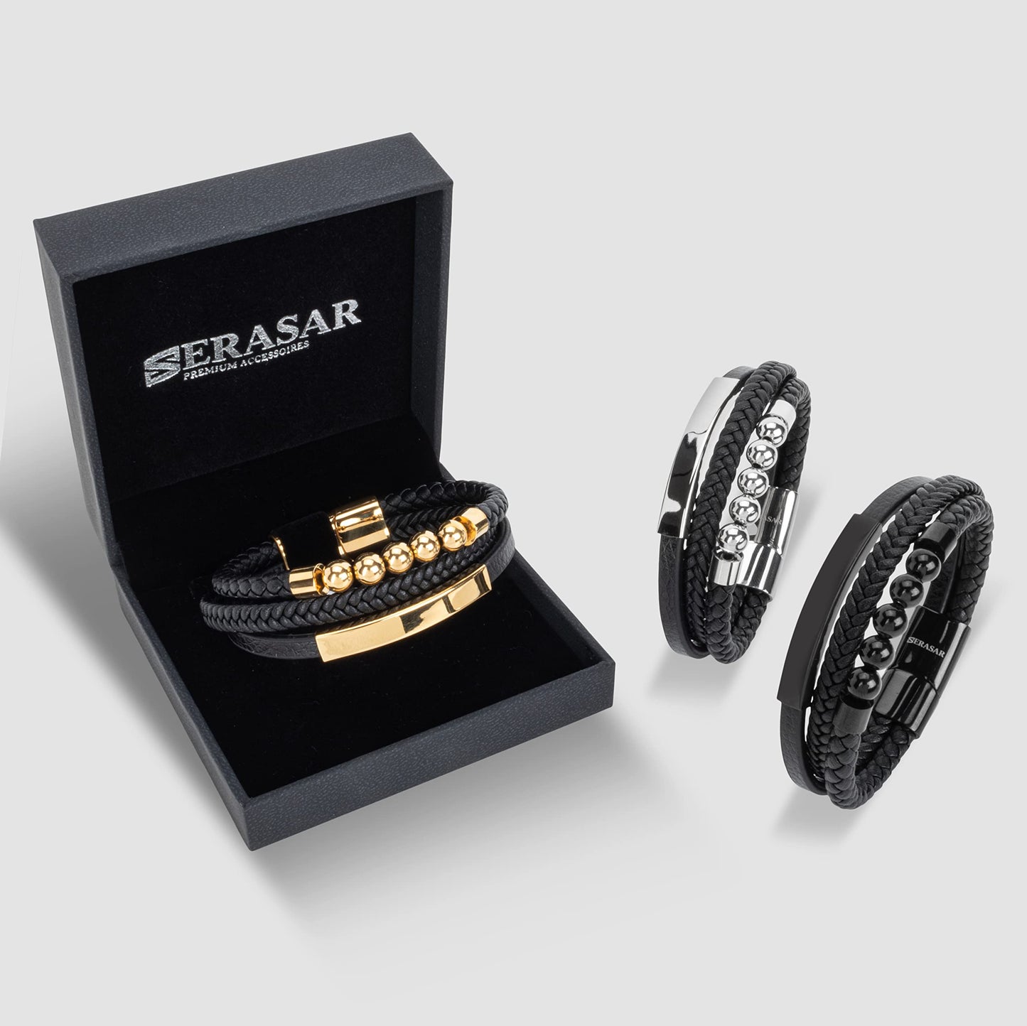 SERASAR Men's Bracelets 20cm Gold Gift Box Genuine Cowhide Leather Braided Adjustable Magnetic Clasp Multilayer Jewelry Rope Male Band Accessories