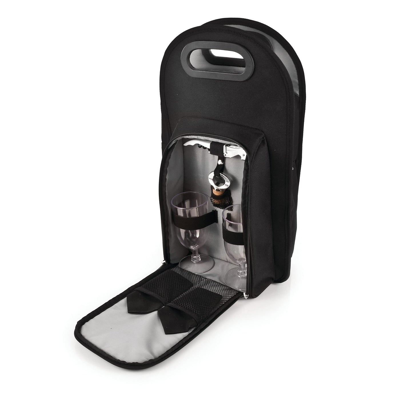 True Metro Insulated Wine Tote with Pockets, Wine Bottle Carrier and Picnic accessory set, wine glasses set of 2, Napkins, Corkscrew, and Bottle stopper, Black, Set of 1