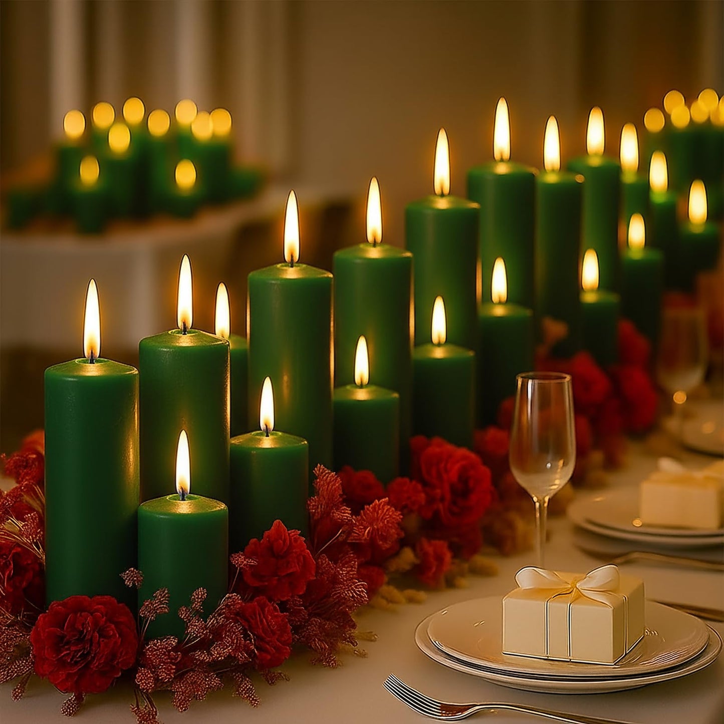 Veiuwa 36 Pcs Green Pillar Candles Bulk Set，Hurricane Candles，3 Different Lengths (12 Each)，Dripless Unscented Smokeless，Gives You a Better Atmosphere When Organizing Wedding or Event Party.