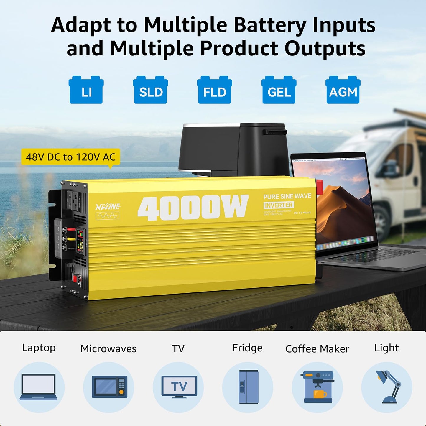 XWJNE 4000W Pure Sine Wave Power Inverter 48V DC to 120V AC Converter with LED Display and Remote Controller for Home, RV, Truck, Off-Grid Solar Power