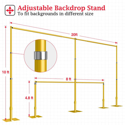 EMART Backdrop Stand Heavy Duty 10ftx20ft, Adjustable Pipe and Drape Photo Background Support Kit, Metal Frame with Flat Base for Wedding Birthday Party Banquet Decorations-Gold