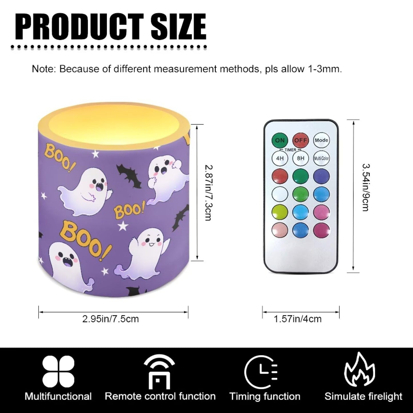 Merkmak Halloween Ghost Bat Print Battery Operated Flameless Candles with Remote and Timer Flameless LED Pillar Candles for Banquet Party Home Decorations 4 Pack Tea Lights Bulk