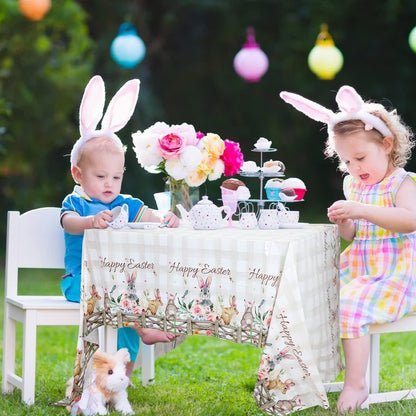 Patelai 4 Pcs 54 x 108 Inch Happy Easter Bunny Table Cloth Rectangle Plastic Easter Flowers Table Cover Spring Tablecloth Party Decorations for Home Picnic Dinner
