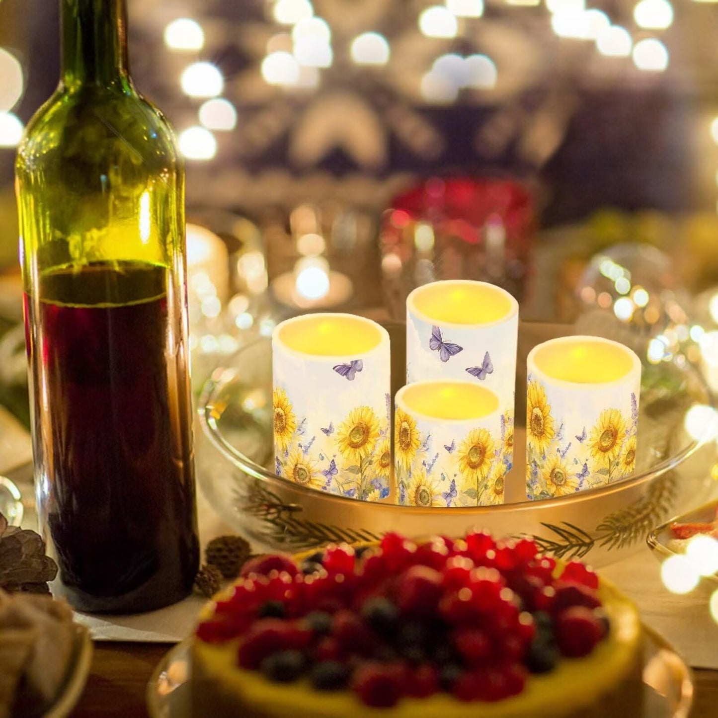 Cozeyat Sunflower Butterfly Flameless Candles 4 Pack Battery Operated LED Pillar Candles with Remote Timer Flickering Waterproof for Garden Beach Wedding Birthday