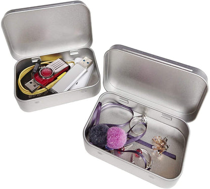2 Pcs Metal Hinged Tin Box Container Mini Portable Small Storage Container Kit with Lid for Home Storage 3.7x2.3x0.8 inch, Silver