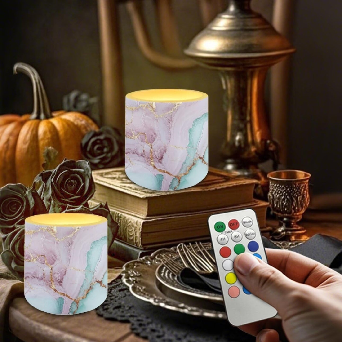 Cozeyat Sky Blue Marble Flameless Candles 4 Pack Battery Operated with Remote Control Timer LED Pillar Candles Waterproof for Indoor Outdoor Home Use