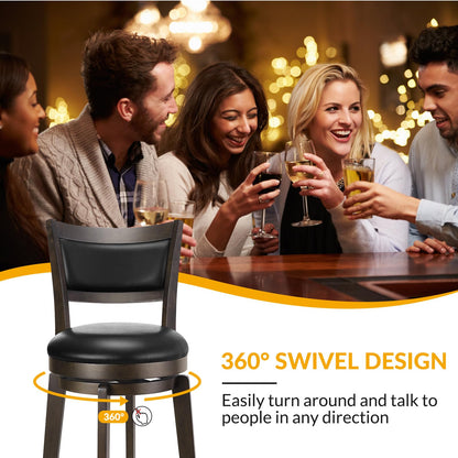 PrimeZone Swivel Bar Stools Set of 2, 24 Inch Counter Height Barstools, Black Faux Leather Bar Stool with High Backrest & Solid Wood Legs & Wrap-around Footrest, Counter Stools for Kitchen Island, Pub