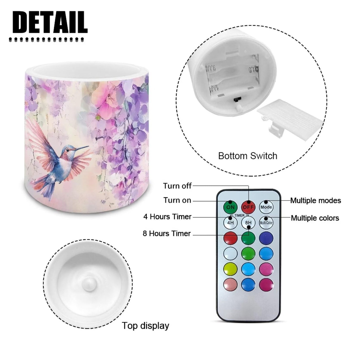 Merkmak Battery Operated Flameless Candles with Remote and Timer Flameless LED Pillar Candles Floral Hummingbird Tealights for Banquet, Home Decorations