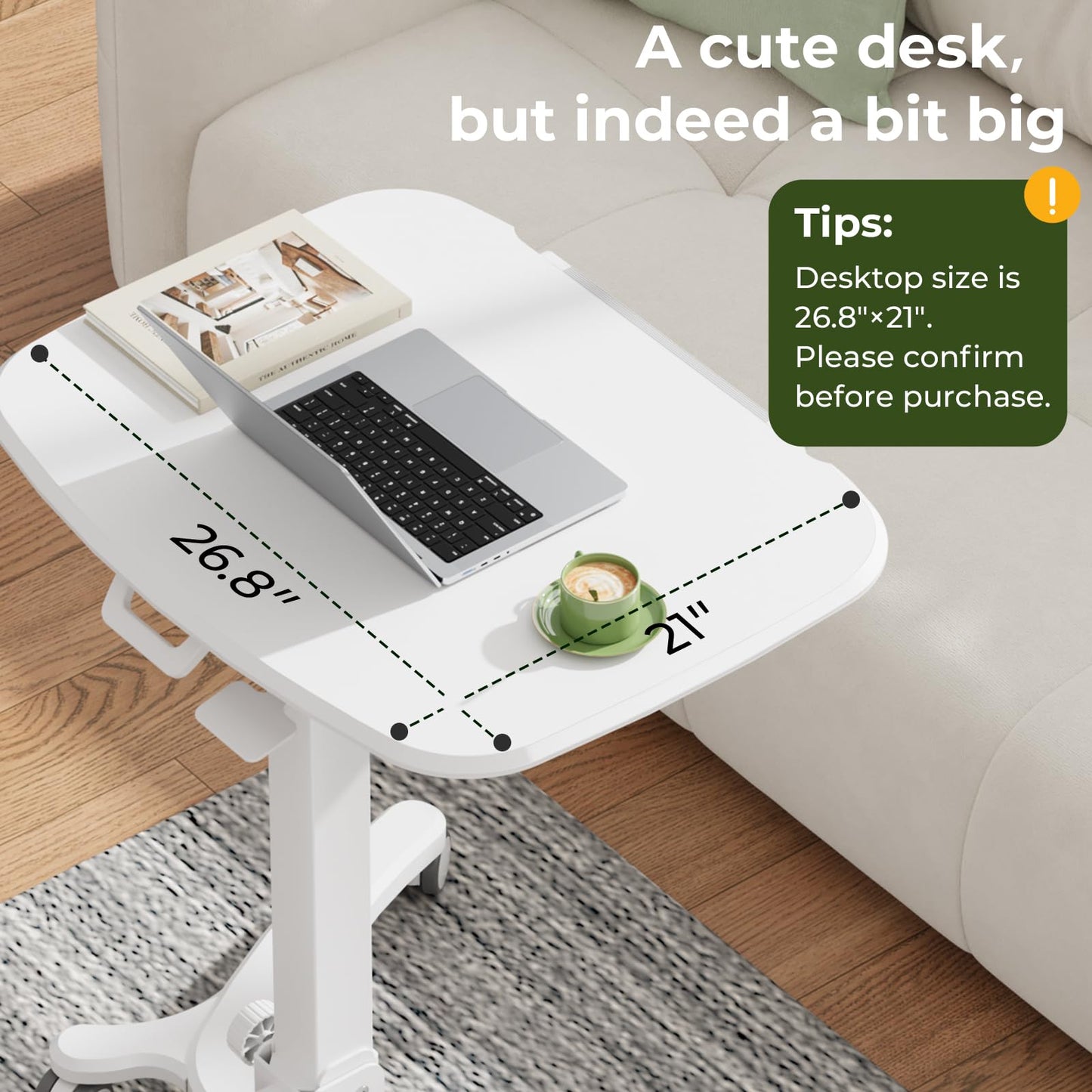 JYLH JOYSEEKER Foldable Mobile Standing Desk, 27"×21" Portable Rolling Laptop Cart with 90° Tiltable Board, Height Adjustable Workstation with Wheels, Folding Table for Home Office, White