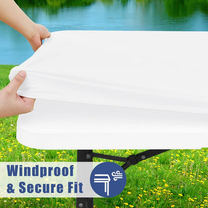 Moosfor Spandex 6 Foot Rectangle Table Cloth 2 Pack, Elastic Fitted Tablecloths for Picnic, Stretch Washable Patio Table Cover for Outdoor, Camping, Banquet and Parties (White, 30"x72")