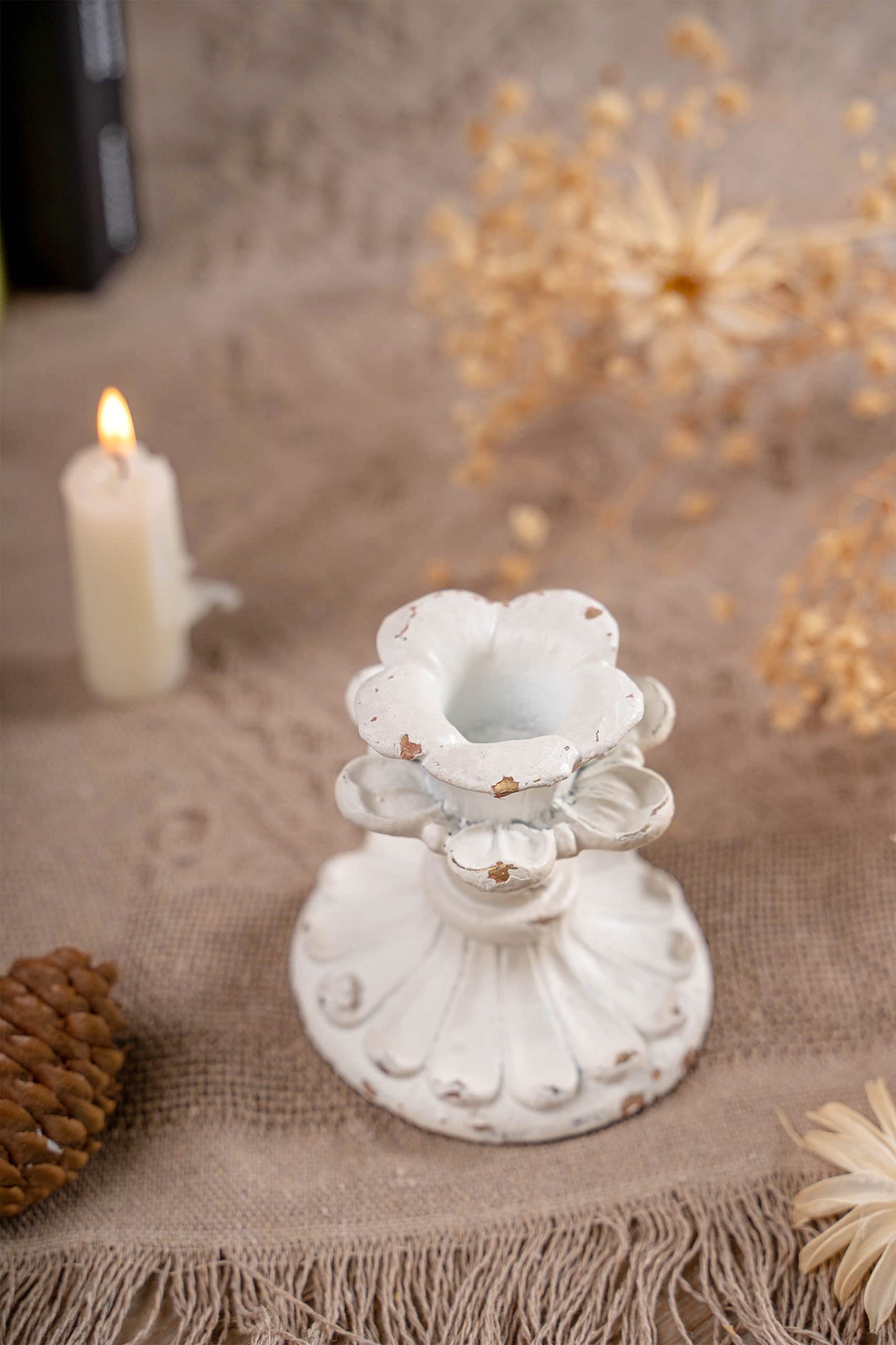 SOFE White Candle Stick Holder Vintage, Flower Candlestick Holder, 3 Inch Resin Taper Candle Holder Small, Short Rustic Candle Centerpieces for Tables, Wedding, Dining, Party