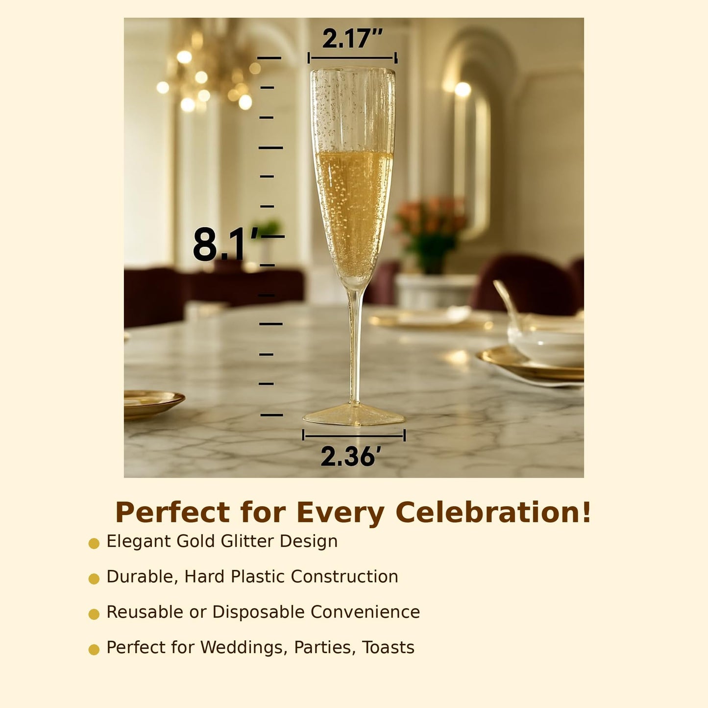 Oojami 24 Pack Plastic Champagne Flutes 6 Oz Gold Glitter, Shatterproof Heavy Duty Disposable Champagne Flutes Glasses, BPA-Free Recyclable Mimosa Glasses Bulk for Wedding Bridal Shower Birthday Party