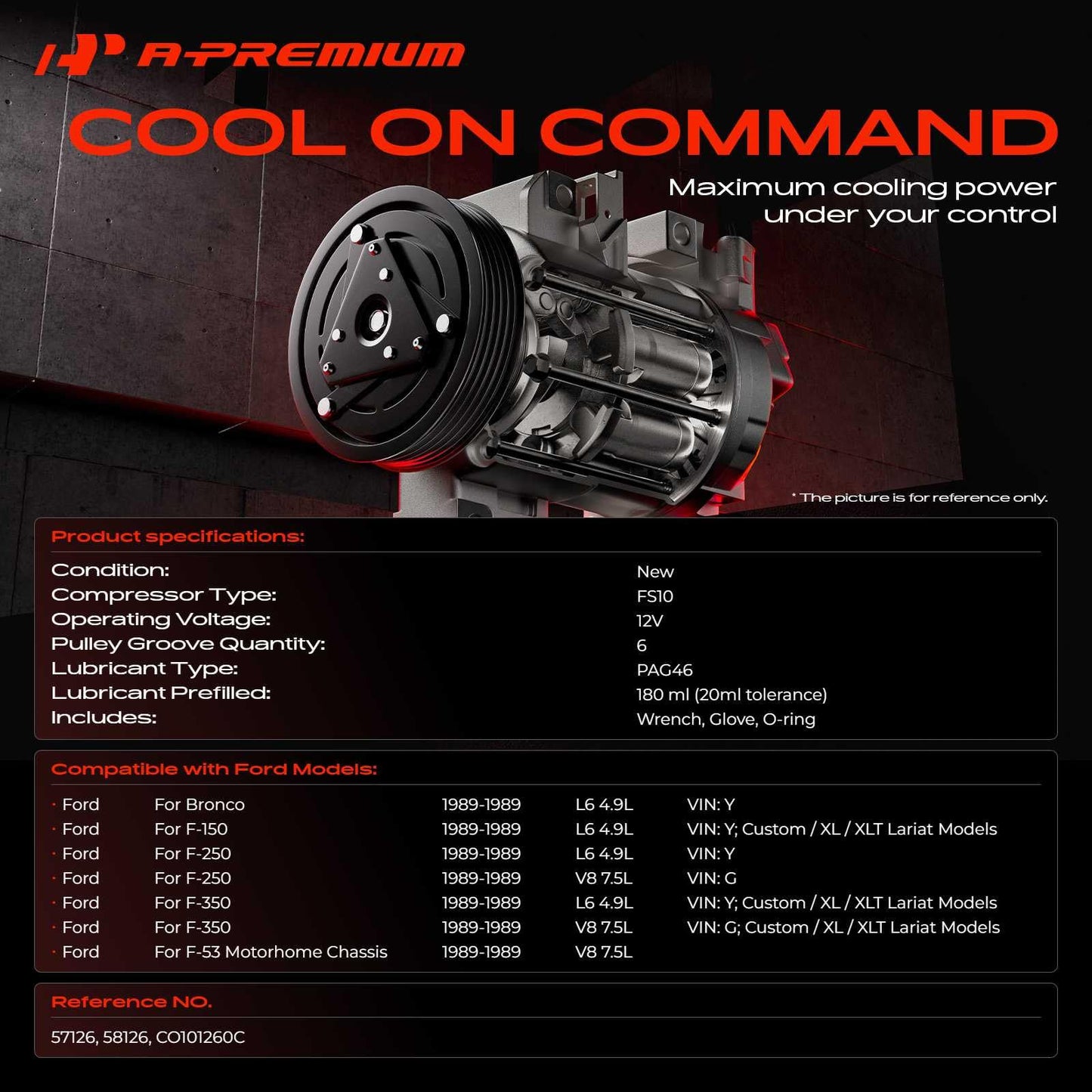 A-Premium A/C Compressor with Clutch Compatible with 4.9L 7.5L 1989, Ford F-150, F-250, F-350, F-53 Motorhome Chassis, Bronco