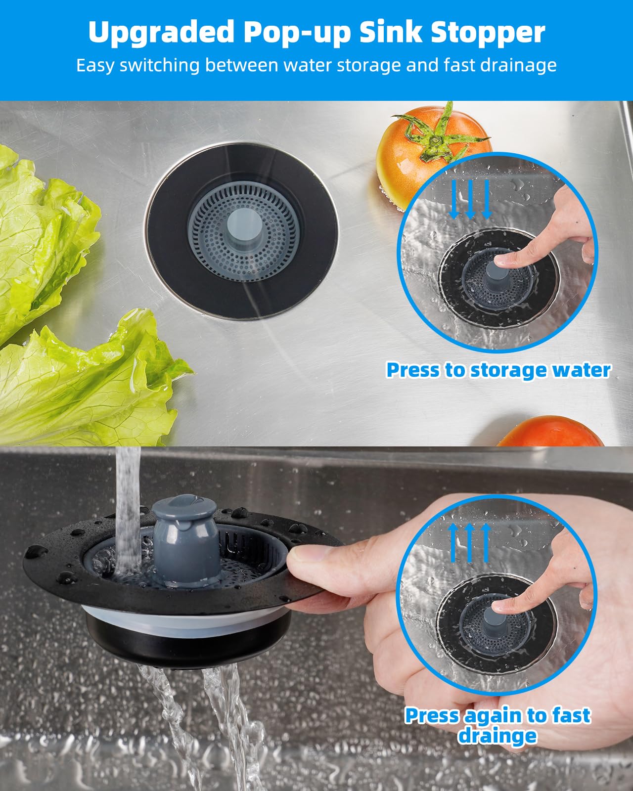 Hibbent 2 Pack 3 in 1 Kitchen Sink Drain Strainer and Stopper Combo, Stainless Steel Metal Pop Up Sink Stopper, Anti-Clogging Basket Strainer with Handle for US Standard 3-1/2 Inch Drain, Black