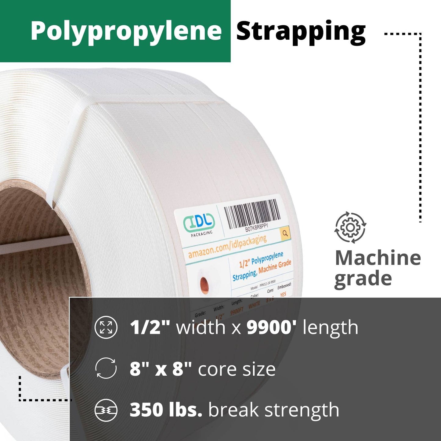 IDL Packaging 1/2" x 9900' Machine Grade Polypropylene (PP) Strapping Roll of 8" x 8" Core Size (350 lbs Break Strength) for Automatic and Semi-Automatic Machines - Lightweight Poly Banding Packaging