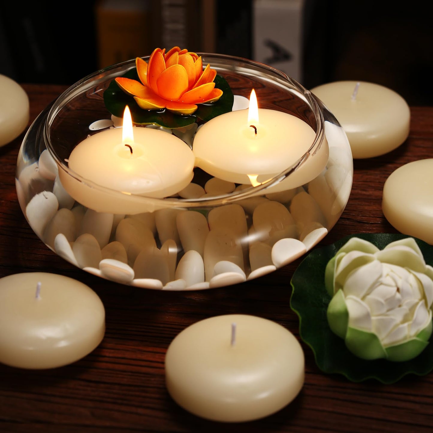 KNOURT 36 Pack Floating Candles, 3” Ivory Unscented Dripless Wax Burning Candles, for Weddings, Party, Cylinder Vases, and Home Decorations