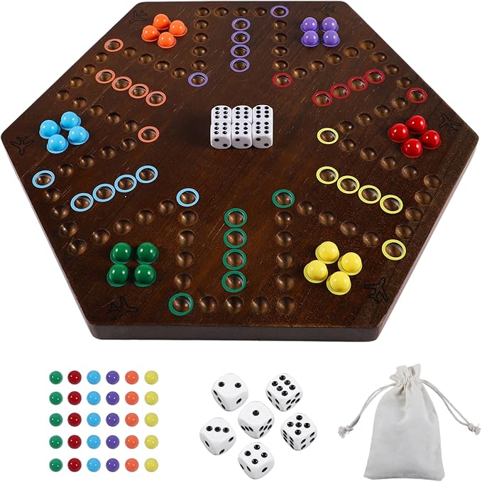 Wahoo Board Game Wooden Original Board Game Classic 2 Side Painted Fast Track Game for 4 Player and 6 Player with 30 Marbles6 Dices for Family Game Night(SmallFlame)