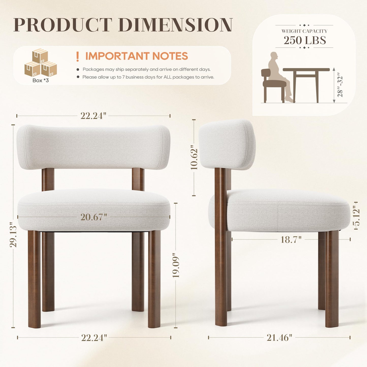 smartue Wooden Dining Chairs Set of 4, Upholstered Kitchen Chairs with Solid Wood Legs, Mid Century Dining Room Chair with Ergonomic Curved Backrest for Kitchen Dining Vanity, Beige