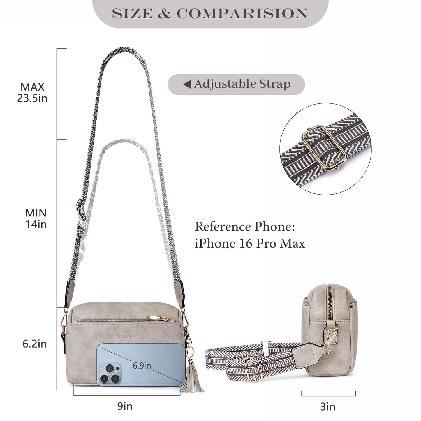 Roulens Triple Zip Small Crossbody Bag for women,Wide Strap Cell Phone Purse Shoulder Handbag Wallet with Credit Card Slots