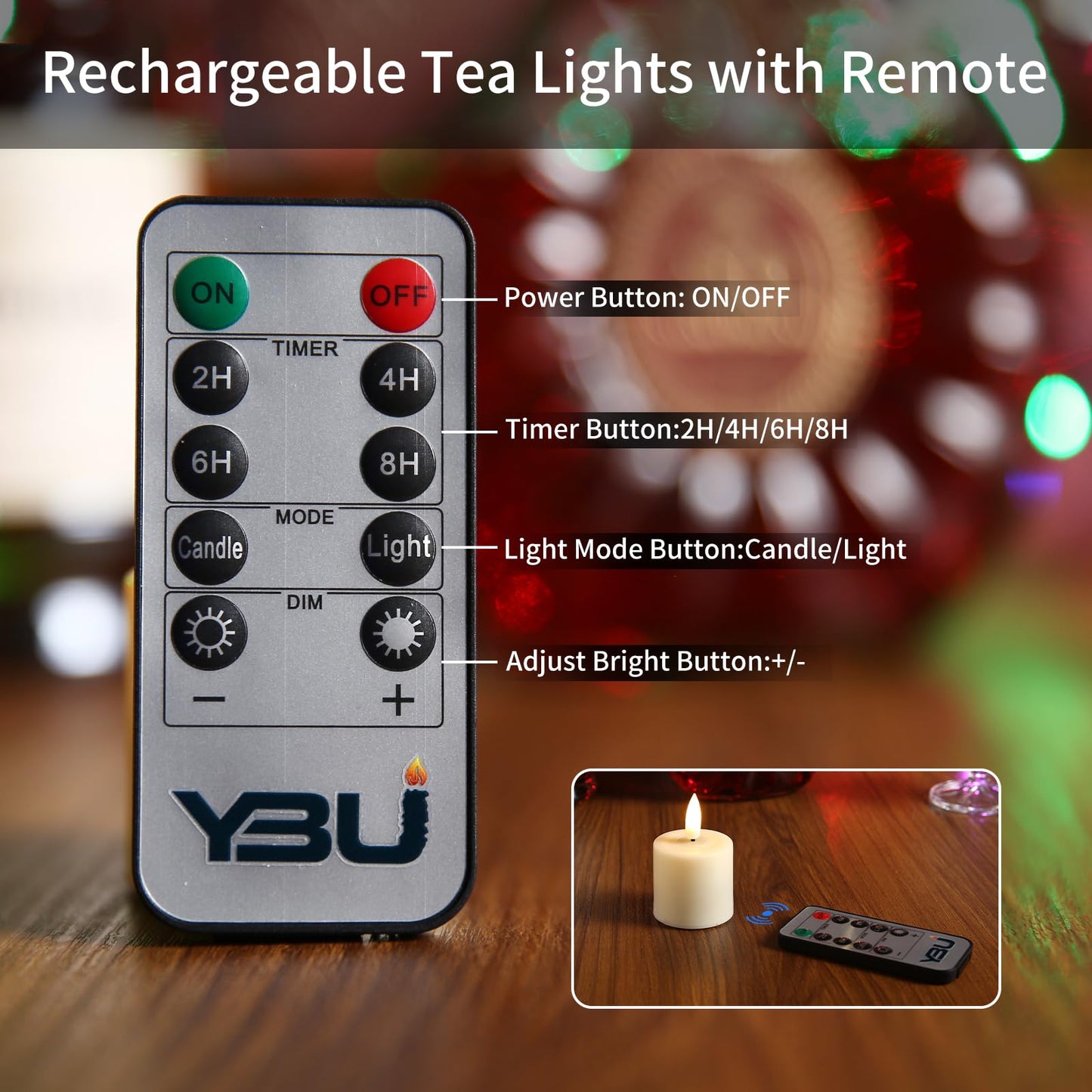 YBU Rechargeable Flameless Tea Light Candles, Realistic Flickering LED with Remote & Timer, 100+ Hours, USB Charging Base, Safe for Home Wedding Decor (6-Pack, Amber)