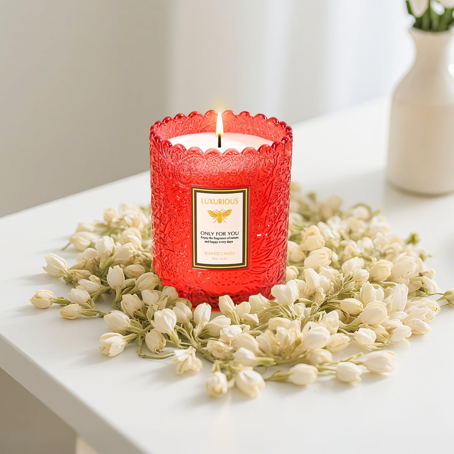 Jasmine Scented Candle, Candles for Home Scented, Luxury Jar Candle for Women, Candles Gifts for Women, Natural Soy Wax, 7 oz 40 Hours
