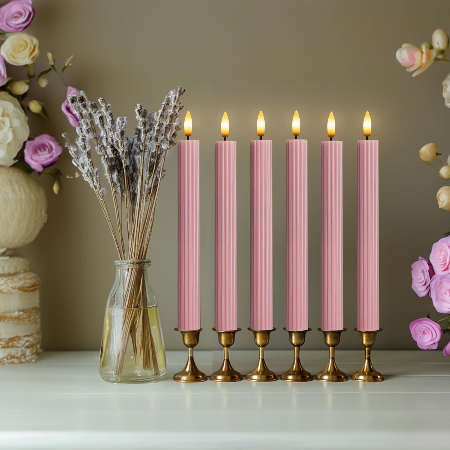 West Ivory 12 Pack, 10" LED Flameless Dusty Rose Fluted Ribbed Grooved Taper Candles, Remote & 24h Timer Memory, On/Off Button, Dimmable, Flicker Mode, Battery Operated, Christmas Menorah Wedding