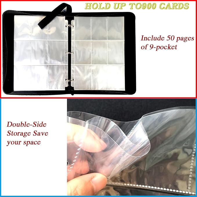 900 Pocket Zippered Hockey Card Binder 9-Pocket Trading Card Album with 50 Removable Sleeves PU Leather Waterproof Sports Card Holder for NHL Hockey Cards Storage Display Case Gift