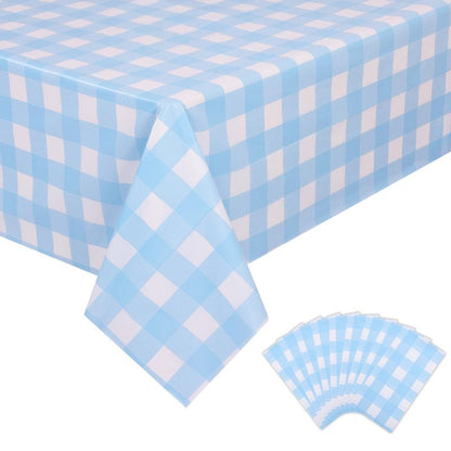 Kesfey 9 Packs Light Blue Gingham Tablecloth Pale Blue and White Checkered Tablecloths 54 x 108 Inches Disposable Plastic Gingham Tablecovers Waterproof Rectangle Picnic Table Cover for Birthday Party