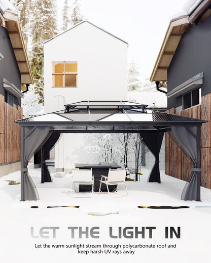 Double Roof Protection, 10'x12' Hardtop Aluminum Gazebo with Netting & Curtains, Permanent Polycarbonate Pavilion for Patio, Backyard, and Lawn (Gray)