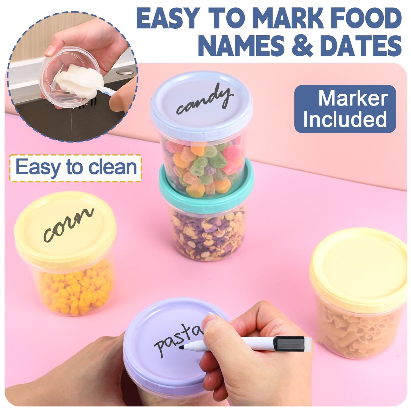 Yomarket 6pcs 16 oz Plastic Deli Containers with Screw Lids, Small Freezer Containers Reusable 2 Cup Food Storage Container with Pen & Brush for Snack Salad Fruit, Microwave & Dishwasher Safe BPA Free