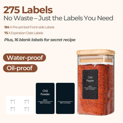 ComSaf 16Pcs Glass Spice Jars with Bamboo Lid, 4oz Airtight Square Spice Containers with 275 Black Lables, Empty Seasoning Jars for Spice Salt Sugar