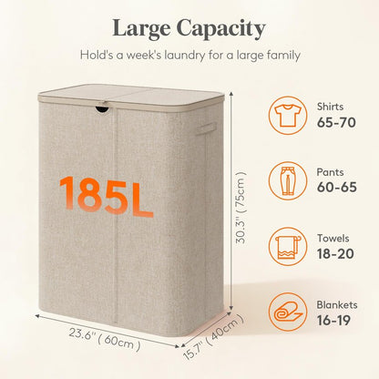 Lifewit 185L Large 3 Section Laundry Hamper with Lid, Plastic Laundry Basket with Bamboo Handles and Removable Bags, Tall Foldable Clothes Hamper for Bathroom Bedroom, Beige