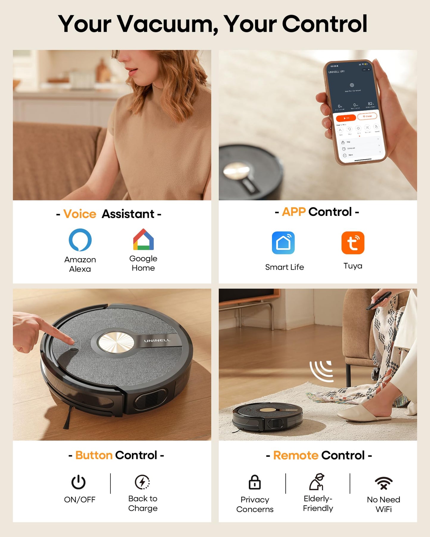 uninell Robot Vacuum and Mop Combo,5000Pa Robotic Vacuum Cleaner,180mins Runtime Vacuum Robot with App/Remote/Alexa Control, Ideal for Hard Floor/Carpet/Pet Hair, Self-Charge,Schedule Clean(UR1)