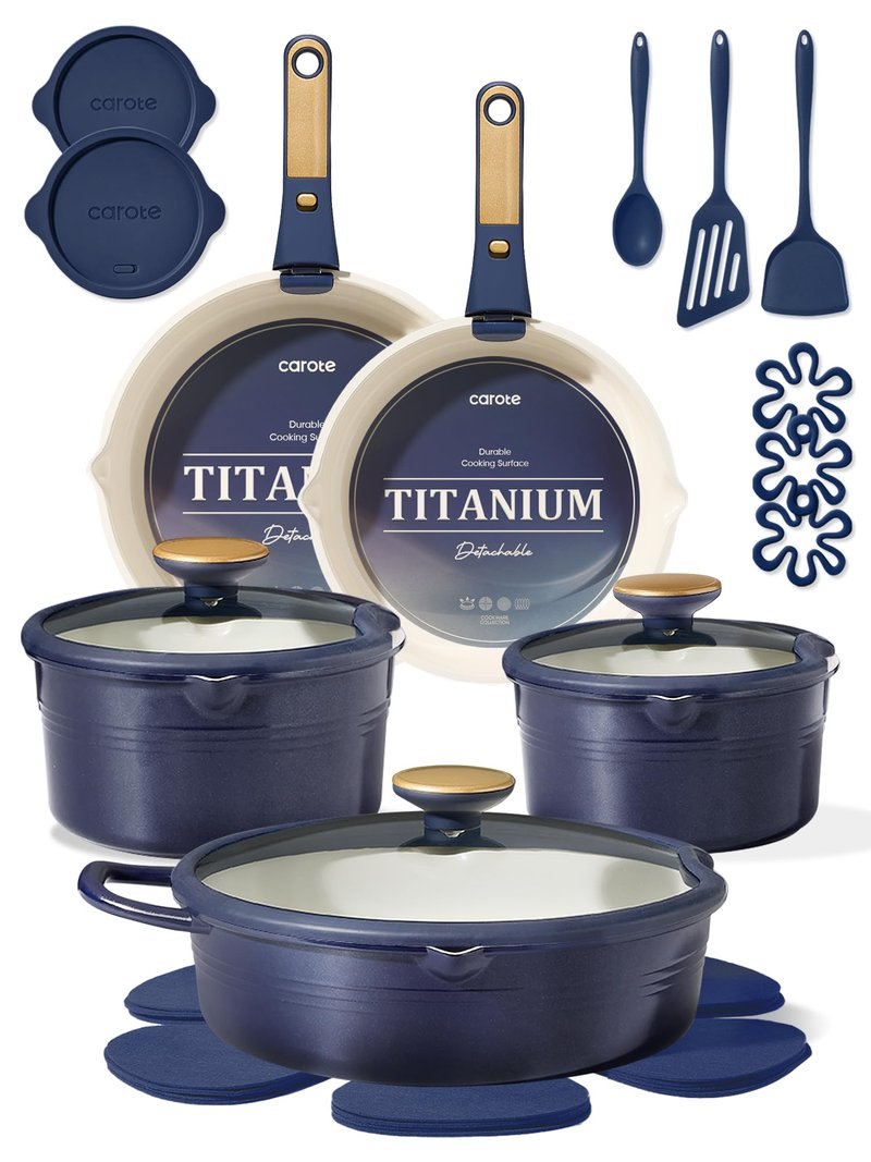 CAROTE 17Pcs Titanium Pots and Pans Set, Cookware Set Nonstick, Kitchen Cooking Set with Detachable Handle, RV/Camping Cookware, Dishwasher/Oven Safe, Grey