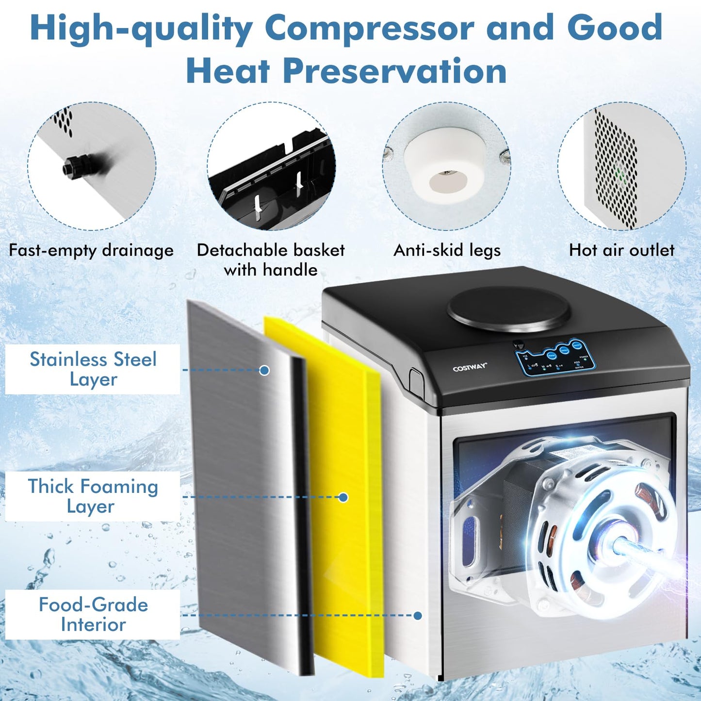COSTWAY Countertop Ice Maker with Water Dispenser, 3 Sizes Bullet Shaped Ice, 48lbs/Day, Fast Ready in 6 Minutes, Ice Machine with Cold Water for Home Bar Kitchen Office