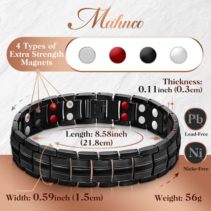 Mahnco Magnetic Bracelet for Men Adjustable Titanium Steel Men’s Bracelet with Double Rows Effective 4 Elements Magnets & Remove Tool (Black Classic)