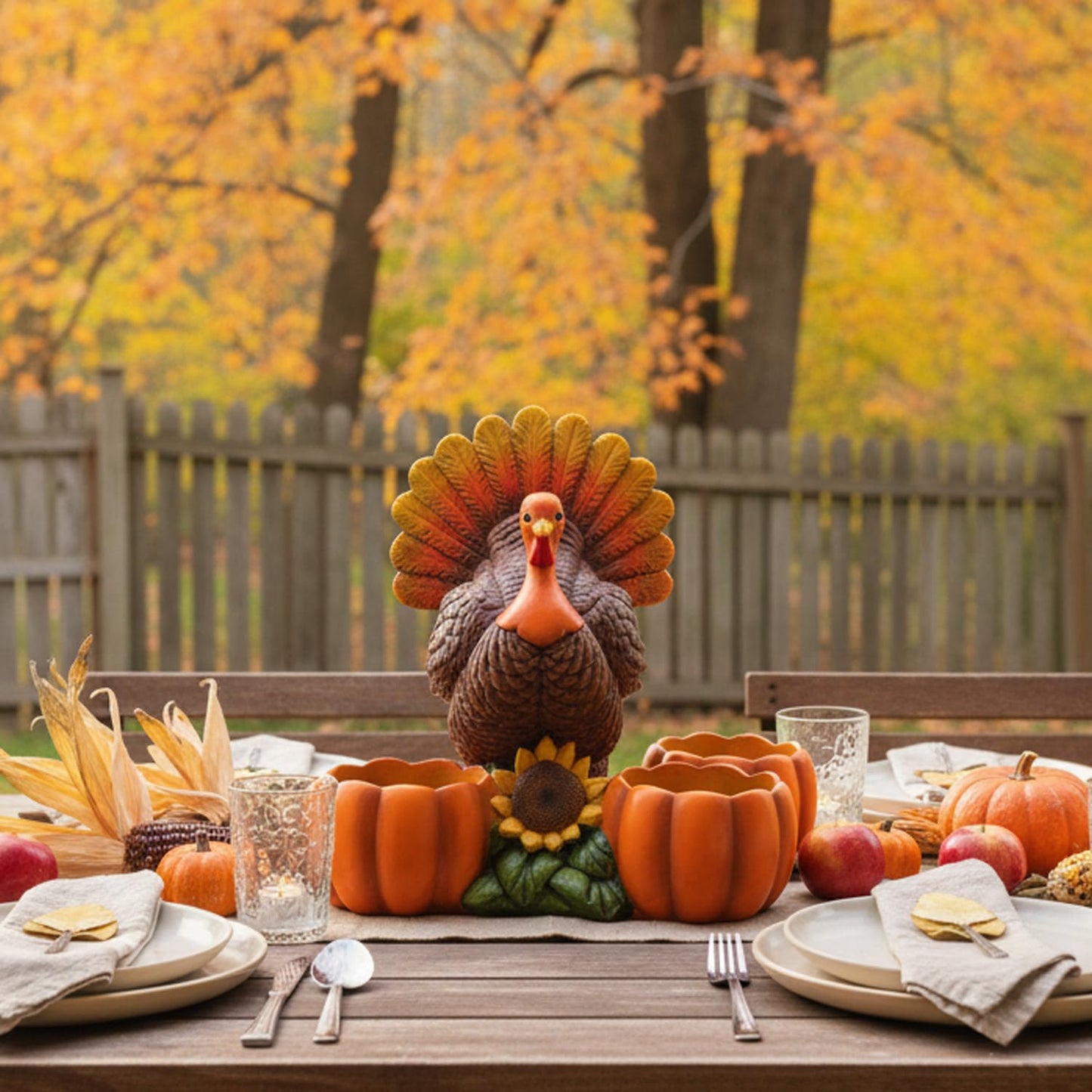 Thanksgiving Turkey Tealight Candle Holder with 3 Pumpkin & Sunflower Decor, Thanksgiving Table Centerpieces Autumn Votive Candle Holder Turkey Figurine for Fall Home Decor