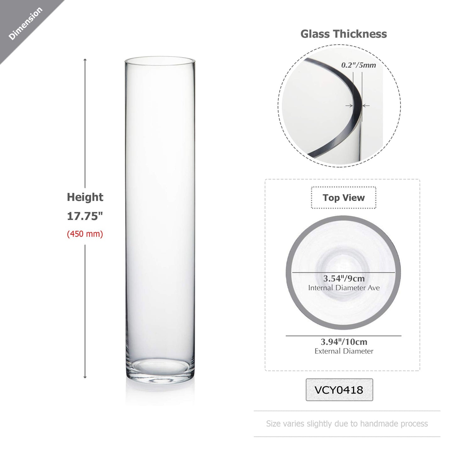 WGVI Quality Thick Weighted Tall Clear Cylinder Glass Vases, 4" W x 18" H, Flower Arrangement Floating Candle Holders Wedding Centerpieces Event Floral Container Artistic Display Home Decor, 1 Piece