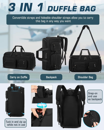 RAINSMORE Convertible Garment Bags for Travel, 45L Garment Duffle bag for Hanging Clothes, 3 in 1 Suit Travel Bag for Business Trips with Shoulder Strap, Carry On Suit Luggage for Men Women, Black