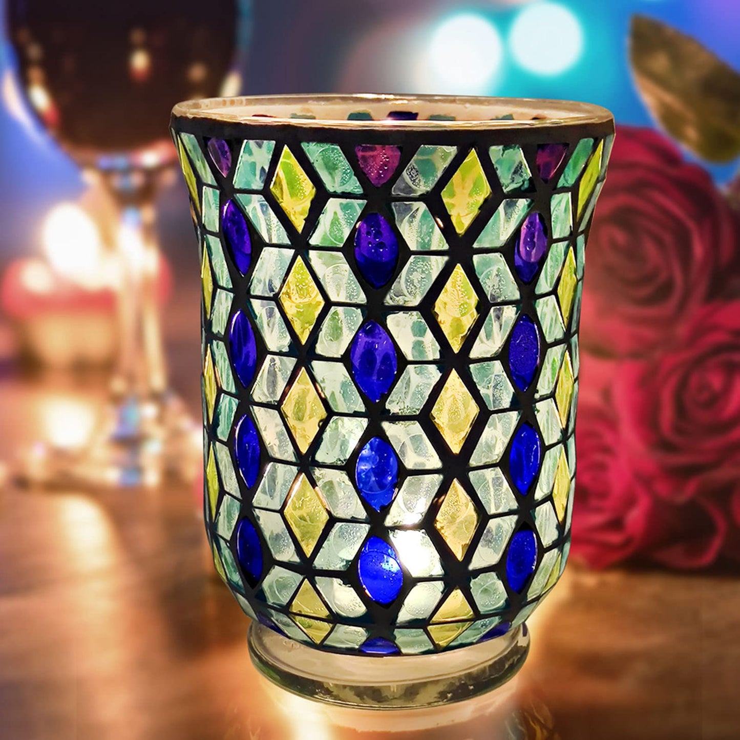 Adfaga Mosaic Glass Candle Holder Handcrafted Windproof Decorative Floral Tealight Holder for Home Decor Cafes Restaurants Wedding Centerpiece