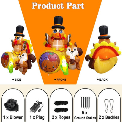 6FT Tall Thanksgiving Inflatables Turkey Decor with Squirrel Corn and Cornucopia, Build in LEDs Blow up Turkey Inflatable Outdoor Indoor Lawn Yard Thanksgiving Decorations - Autumn Holiday Harvest