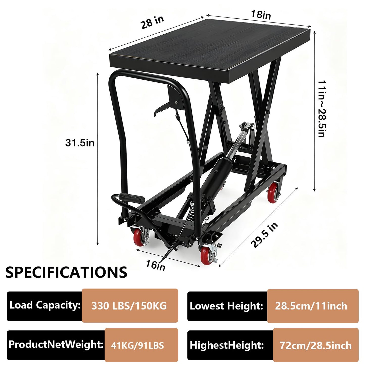 330LBS Hydraulic Lift Table Cart, 28.5" Lifting Height Hydraulic Material Lift Pallet Truck with 4 Locking Wheels for Material Handling and Transportation