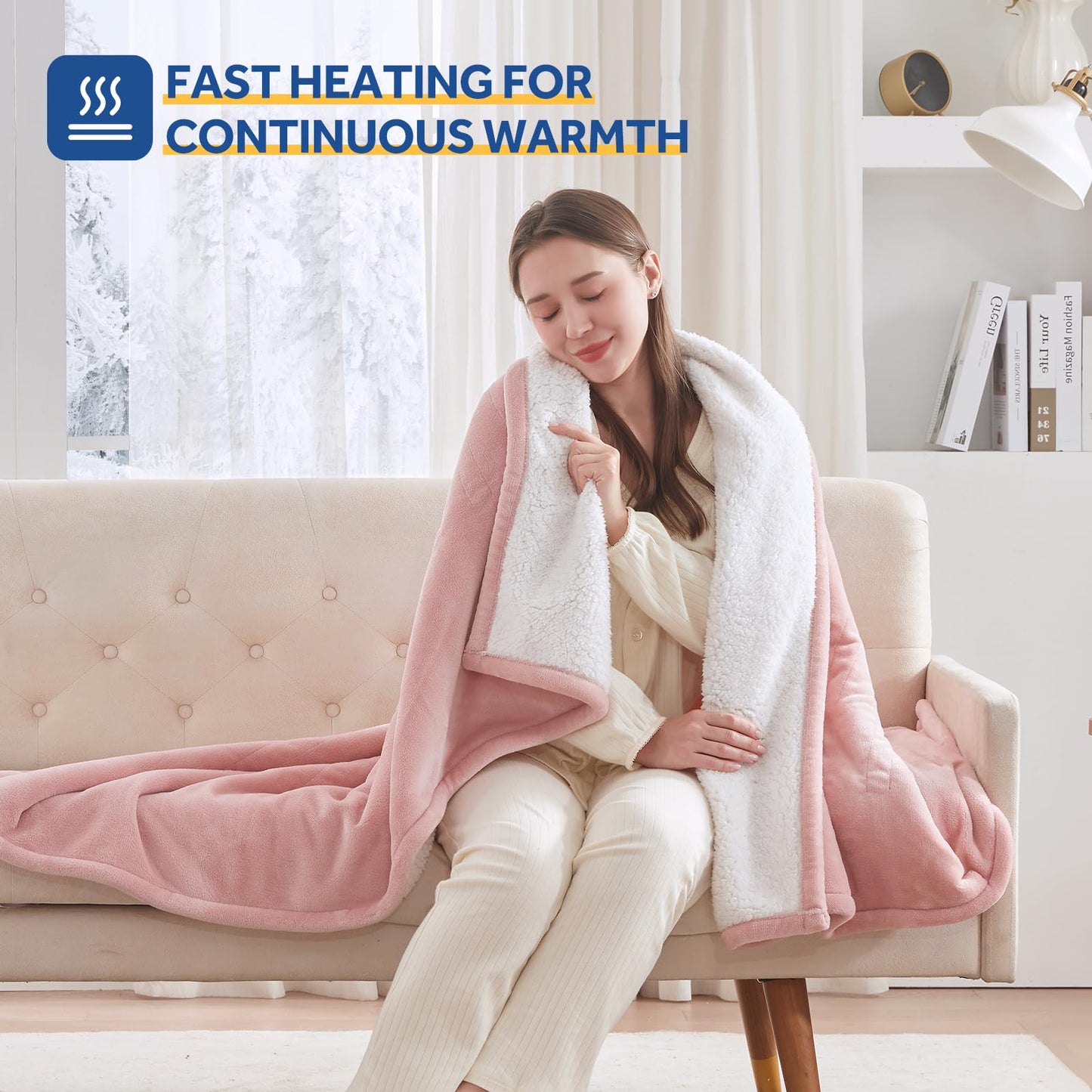 Sealy Electric Blanket Throw Size 50"*60",Super Cozy Flannel to Sherpa Reversible Heated Blanket Throw with 6 Heating Levels & 2-10 Hours Auto Off Overheating Protection Machine Washable,Beige