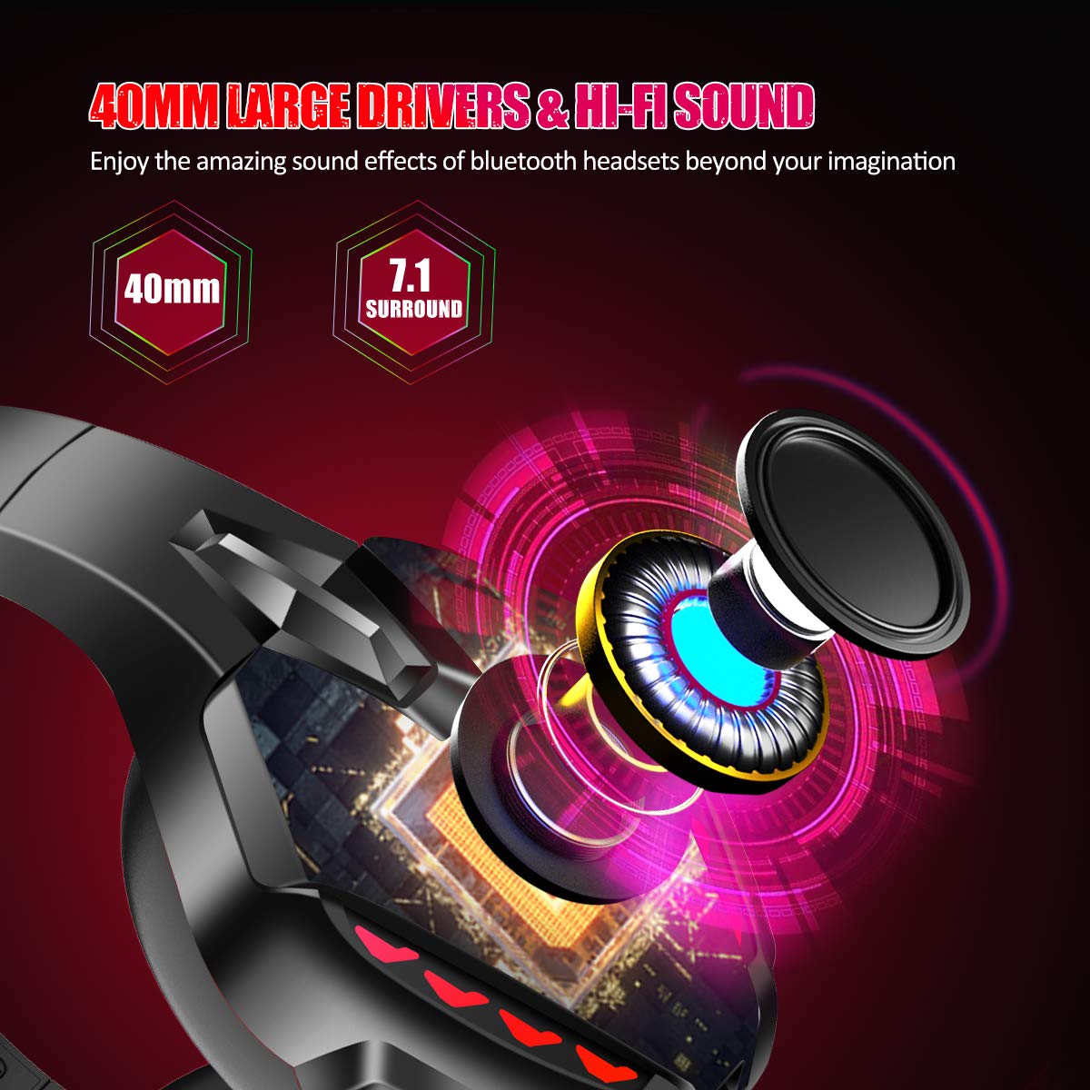 PHOINIKAS PS5 Gaming Headset for PS4, PC, Switch, Q10 Xbox One Headset with Stereo Sound, Detachable Mic, Wireless Bluetooth 5.3 Headphone only for Laptop/Phone/Tablet, 40H Plyatime (Red)