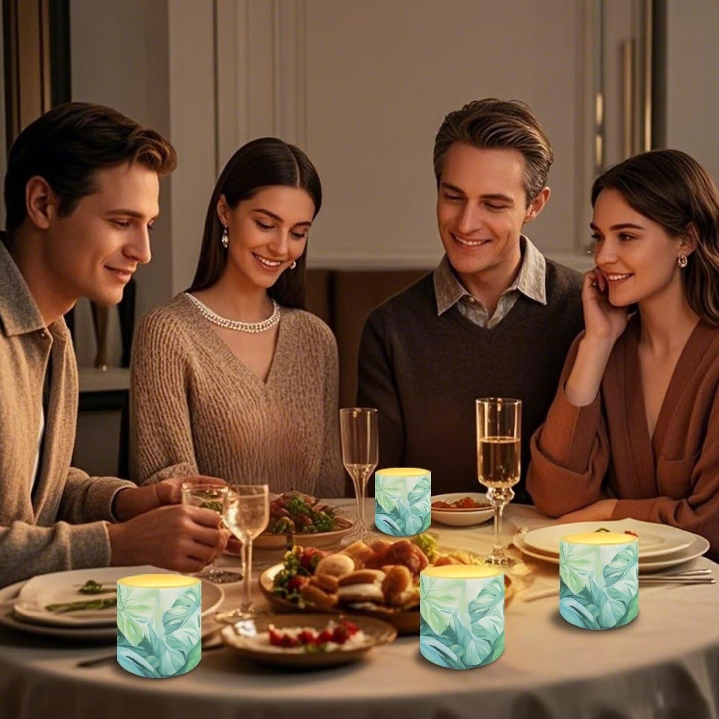 NETILGEN 3 inch Flameless LED Candles with Remote Timer Set of 4 Home Decorative Realistic Flickering Flameless Candles Battery Operated Green Tropical Palm Leaf Print
