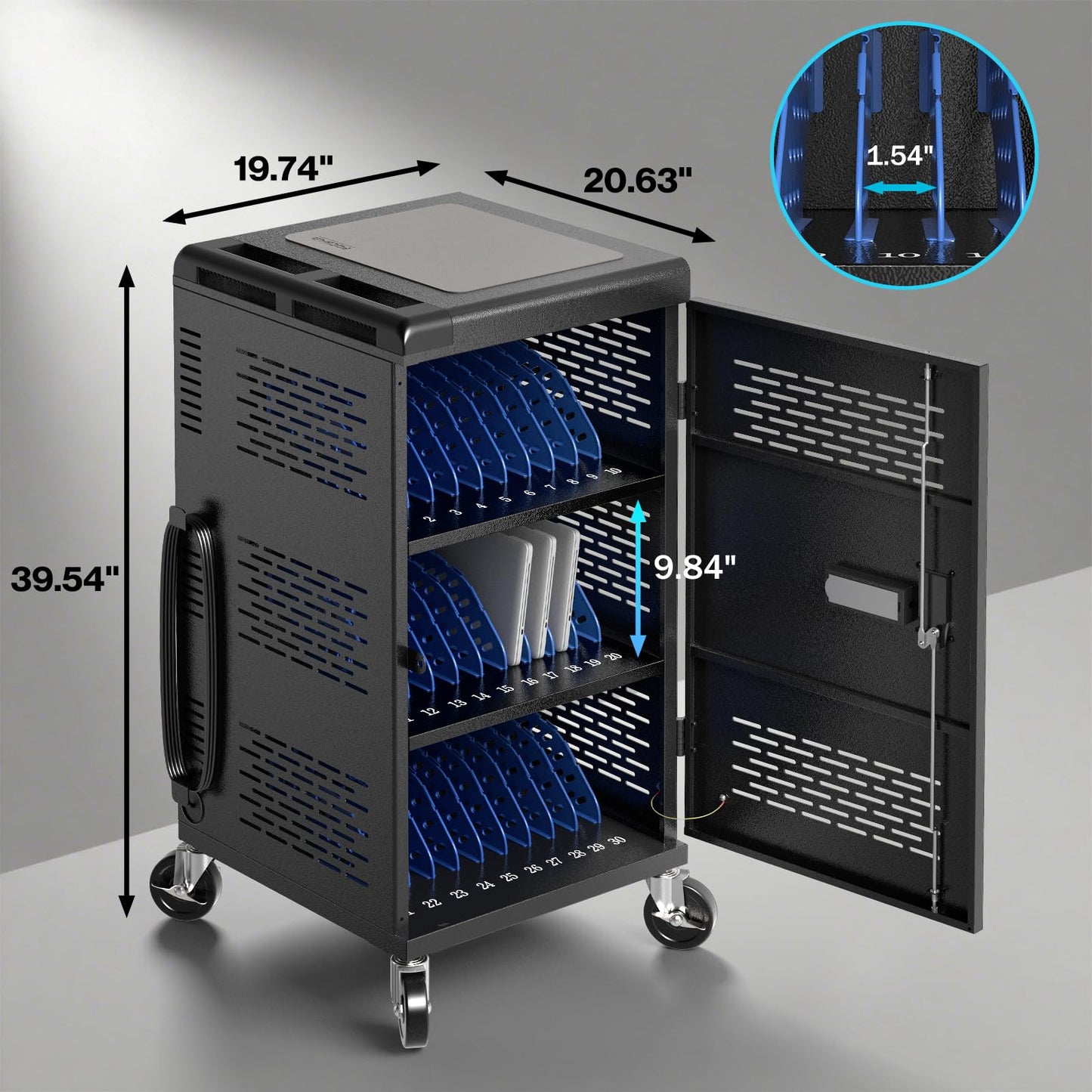 Fully Assembled 30 Unit Device Charging Station for Chromebook, iPad, 14'' Laptop - Pre Built Charging Cart with Charger Cable Management, Circuit Breaker, Grounding Protection (Black)